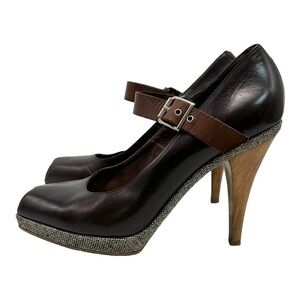 Marni Brown Leather Colorblock Tweed Peep Toe Maryjane Platform Heels Women’s 8